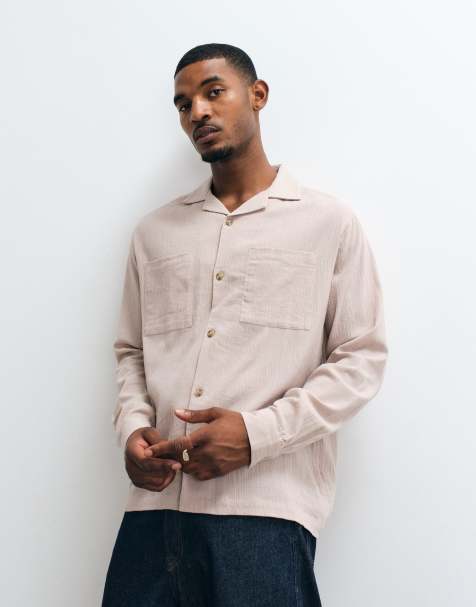 ASOS DESIGN - Ruimvallend overhemd met reverskraag en gekreukte textuur in beige - view 1