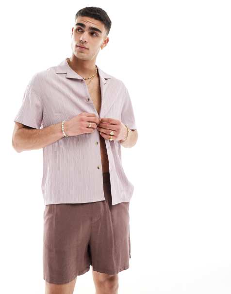 ASOS DESIGN - Ruimvallend overhemd met reverskraag en gekreukte textuur in mauve - view 1