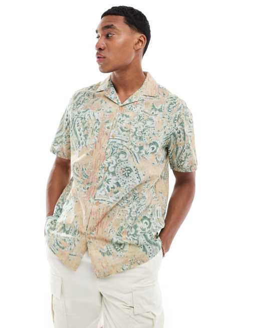 ASOS DESIGN - Ruimvallend overhemd met reverskraag en geometrische print in naturel