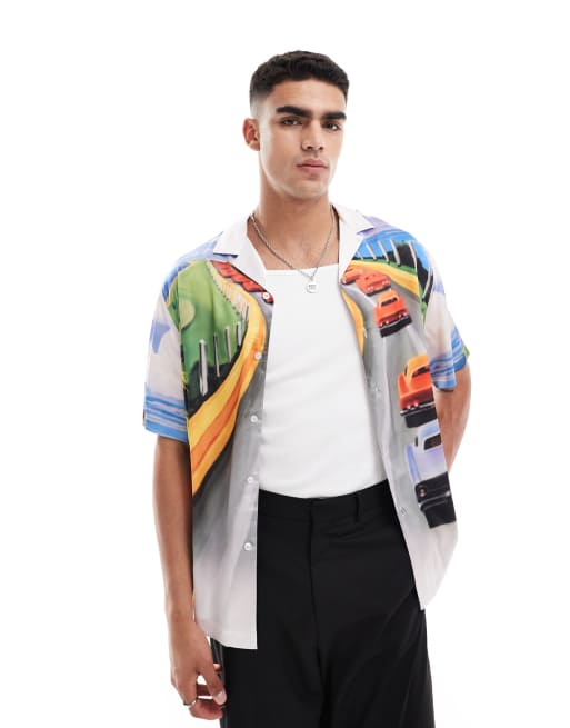 ASOS DESIGN - Ruimvallend overhemd met reverskraag en landschapsprint 