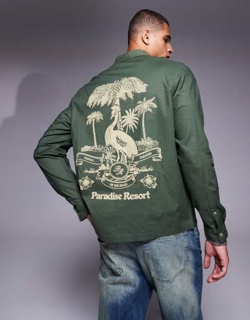 ASOS DESIGN - Ruimvallend overhemd met reverskraag en print op de achterkant in groen