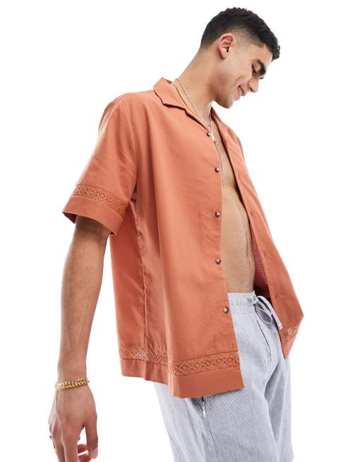 ASOS DESIGN - Ruimvallend overhemd met reverskraag en textuur in oranje