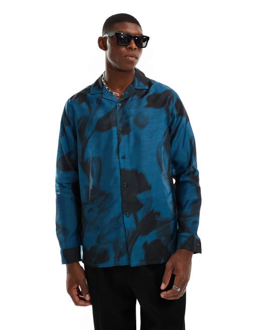 ASOS DESIGN - Ruimvallend overhemd met reverskraag en vervaagde bloemenprint in blauw 
