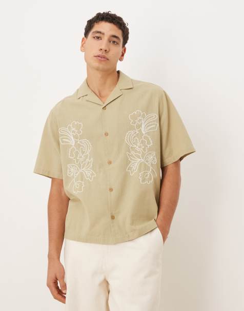 ASOS DESIGN - Ruimvallend overhemd met reverskraag, linnen en borduursel in saliegroen - view 1