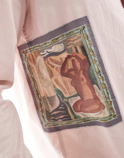 ASOS DESIGN - Ruimvallend overhemd met reverskraag, print en applicatie in roze, 3 van 4