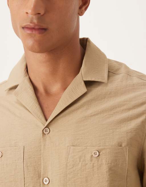 ASOS DESIGN - Ruimvallend overhemd met reverskraag, textuur en dubbele zakken in beige , 5 van 5