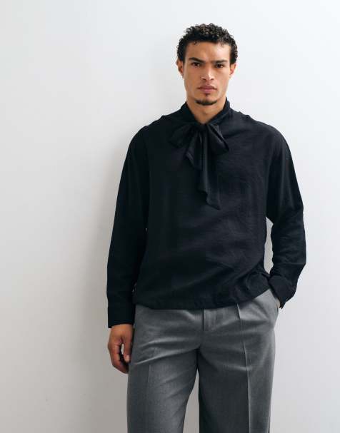 ASOS DESIGN ruimvallend overhemd met strikdetail bij de hals in zwart - view 1