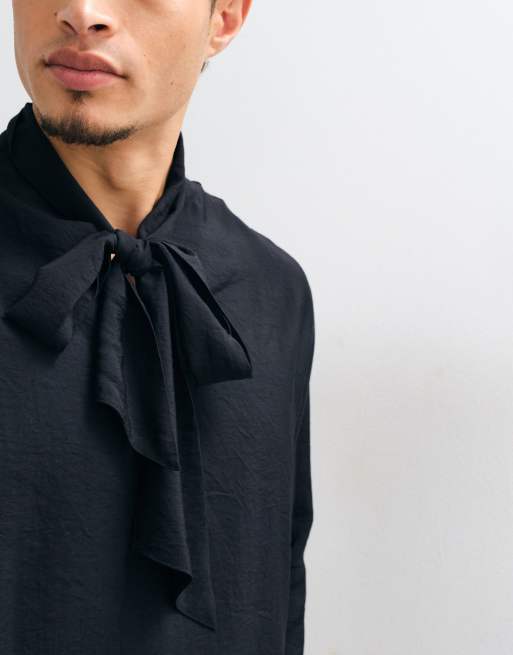 ASOS DESIGN ruimvallend overhemd met strikdetail bij de hals in zwart, 2 van 5