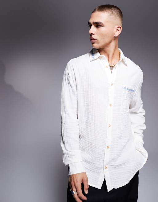 ASOS DESIGN - Ruimvallend overhemd met textuur en kruissteek-borduursels in wit  