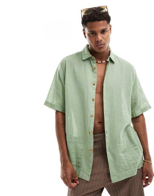 ASOS DESIGN - Ruimvallend overhemd met textuur en opgestikte zakken in saliegroen