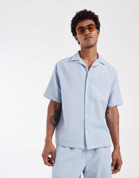 ASOS DESIGN - Ruimvallend overhemd met wafeltextuur en reverskraag in blauw, deel van co-ord set - view 1