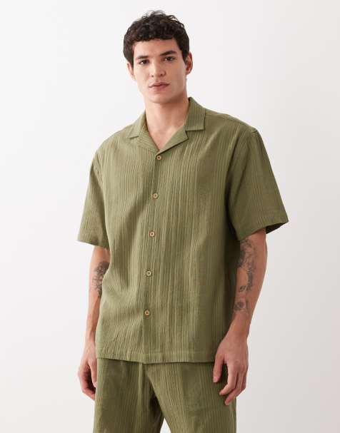 ASOS DESIGN - Ruimvallend overhemd van gestreept jacquard met reverskraag in kaki, deel van co-ord set - view 1
