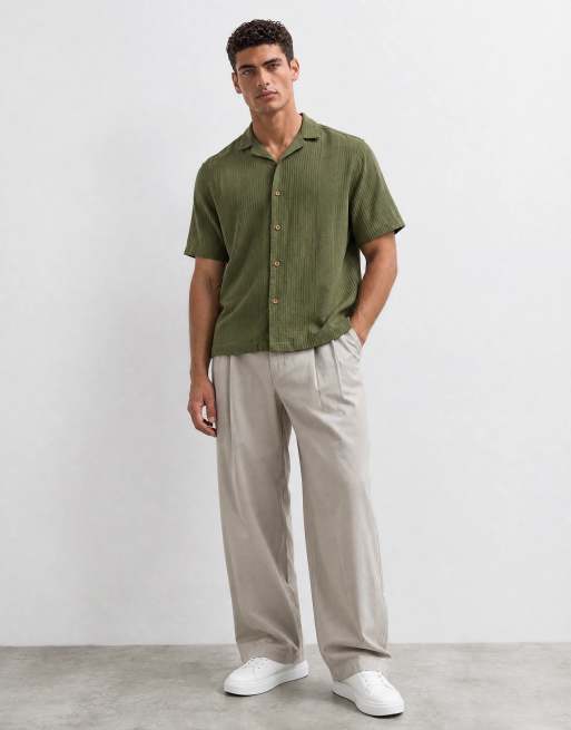 ASOS DESIGN - Ruimvallend overhemd van gestreept jacquard met reverskraag in kaki, deel van co-ord set, 9 van 10