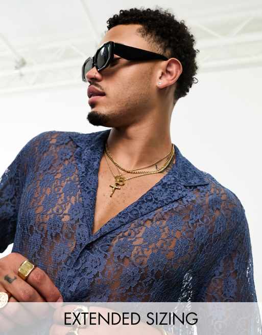 ASOS DESIGN - Ruimvallend overhemd van kant met reverskraag in marineblauw