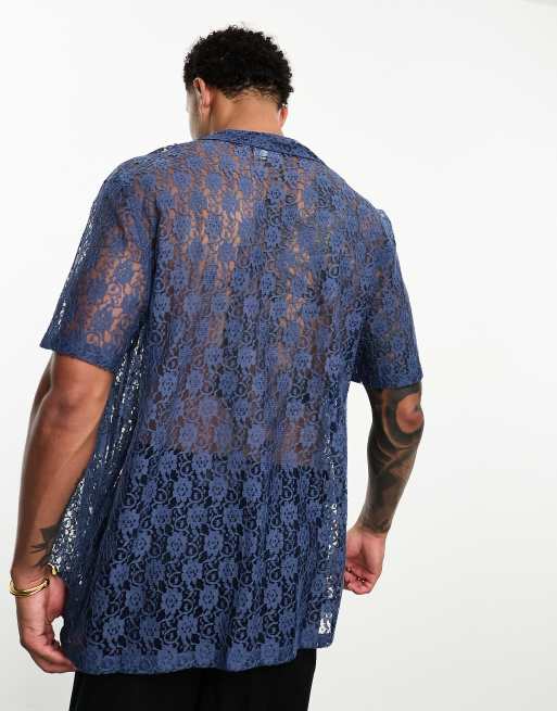 ASOS DESIGN - Ruimvallend overhemd van kant met reverskraag in marineblauw, 2 van 4