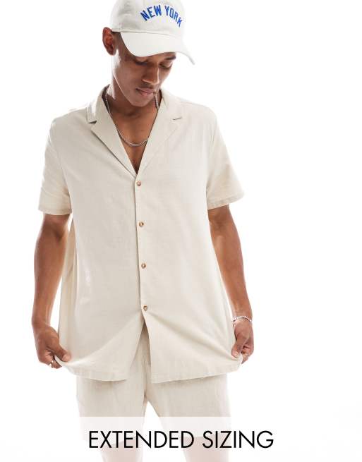 ASOS DESIGN - Ruimvallend overhemd van linnenmix met brede reverskraag in stone