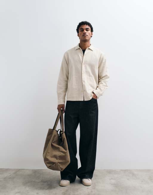 ASOS DESIGN - Ruimvallend overhemd van linnenmix met dubbele zakken in crème, 3 van 5