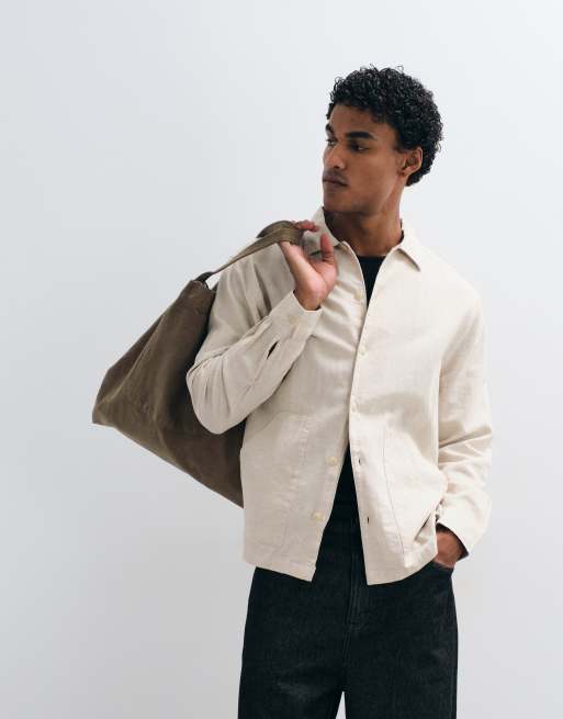 ASOS DESIGN - Ruimvallend overhemd van linnenmix met dubbele zakken in crème, 4 van 5