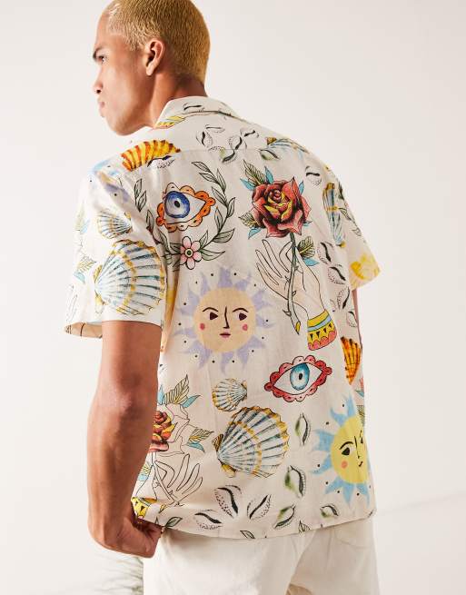 ASOS DESIGN - Ruimvallend overhemd van linnenmix met krabbelprint, 2 van 4
