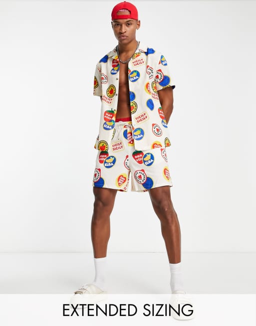 ASOS DESIGN - Ruimvallend overhemd van linnenmix met reverskraag en badgeprint, deel van co-ord set