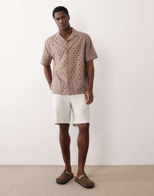 ASOS DESIGN - Ruimvallend overhemd van linnenmix met reverskraag en broderie in bruin, 2 van 5