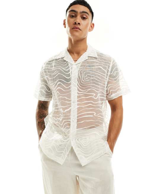 ASOS DESIGN - Ruimvallend overhemd van organza met reverskraag en abstract borduursel in wit