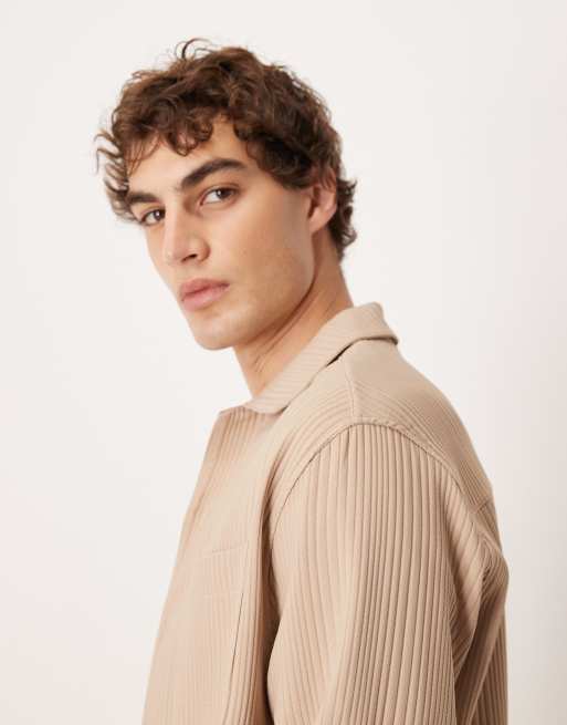 ASOS DESIGN - Ruimvallend overhemd van plissé met reverskraag in beige, deel van co-ord set, 4 van 5