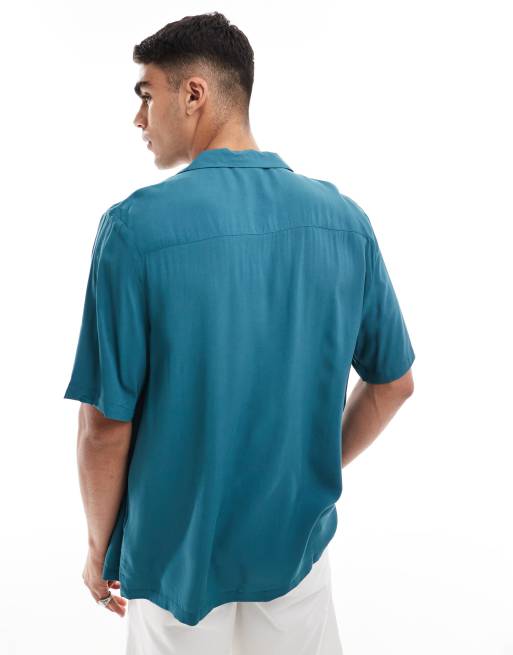 ASOS DESIGN - Ruimvallend overhemd van viscose met reverskraag in donker blauwgroen, 3 van 4
