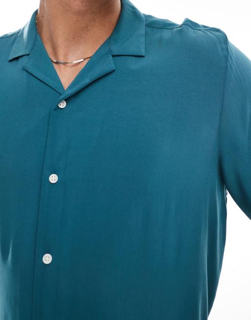 ASOS DESIGN - Ruimvallend overhemd van viscose met reverskraag in donker blauwgroen, 4 van 4