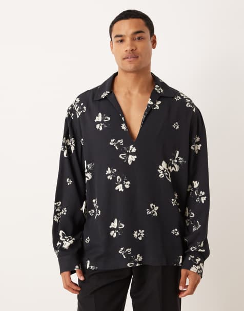 ASOS DESIGN - Ruimvallend overhemd zonder sluiting met bloemenprint in zwart - view 1