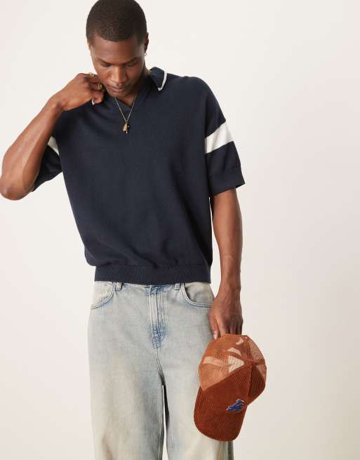 ASOS DESIGN - Ruimvallend poloshirt in marineblauw met panelen op de mouw