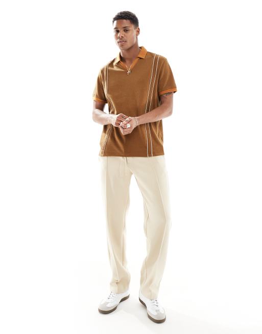 ASOS DESIGN - Ruimvallend poloshirt met revers en textuur in lichtbruin met biezen