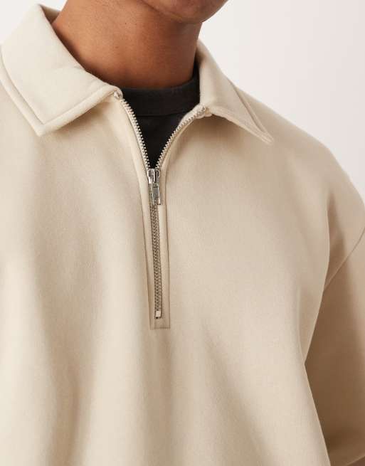 ASOS DESIGN - Ruimvallend recht sweatshirt met rits en kraag in beige, 5 van 5