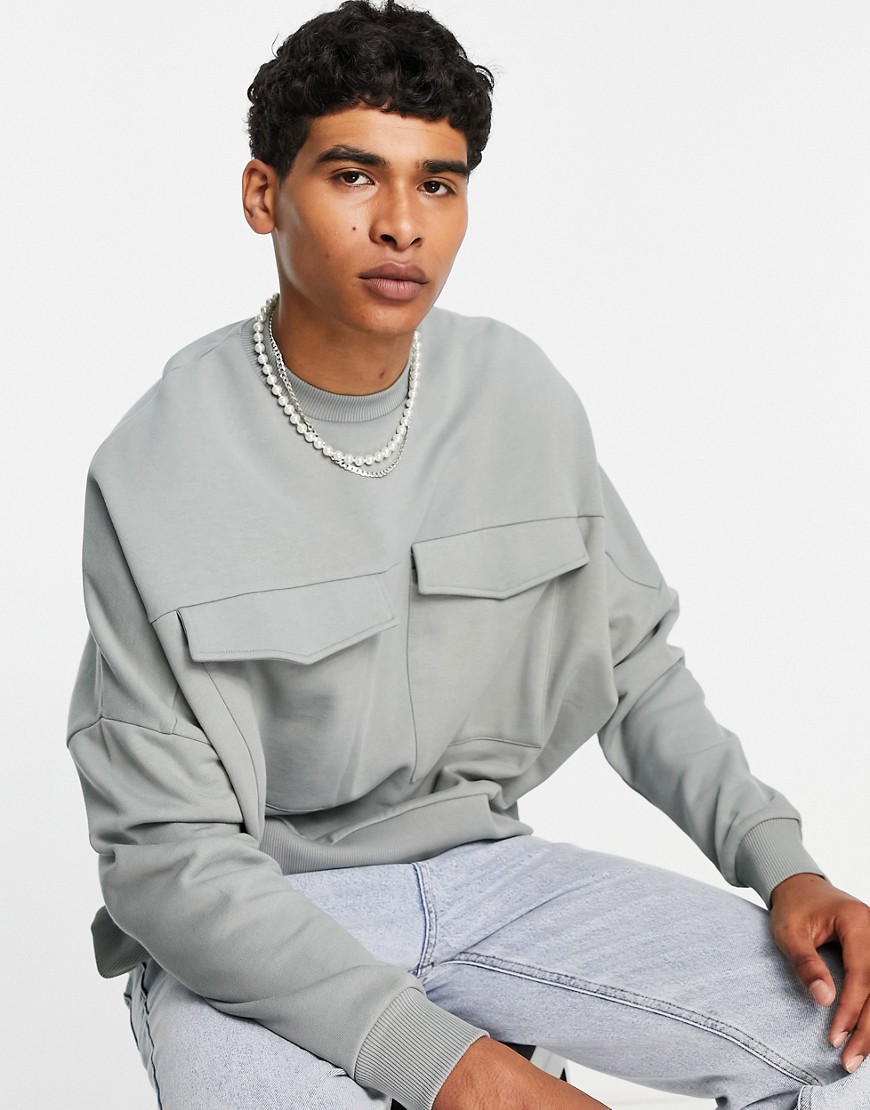 ASOS DESIGN - Ruimvallend recht sweatshirt met utility-zakken in grijs