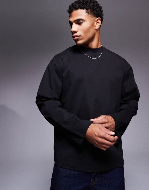 ASOS DESIGN - Ruimvallend recht T-shirt met lange mouwen en verlaagde schouders van zware stof in zwart