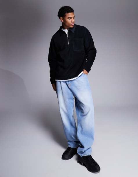 ASOS DESIGN - Ruimvallend rugby polo fleece sweatshirt met korte rits in zwart - view 1