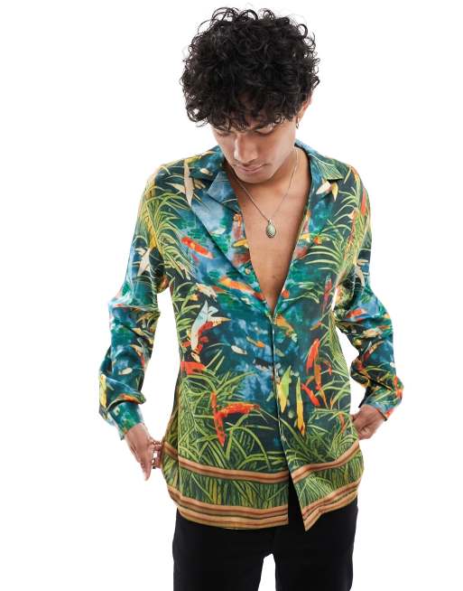 ASOS DESIGN - Ruimvallend satijnen overhemd met reverskraag en aquarelprint