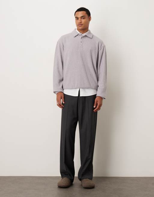 ASOS DESIGN - Ruimvallend sweatshirt met geborstelde ribbels en kraag in gemêleerd grijs, 2 van 5