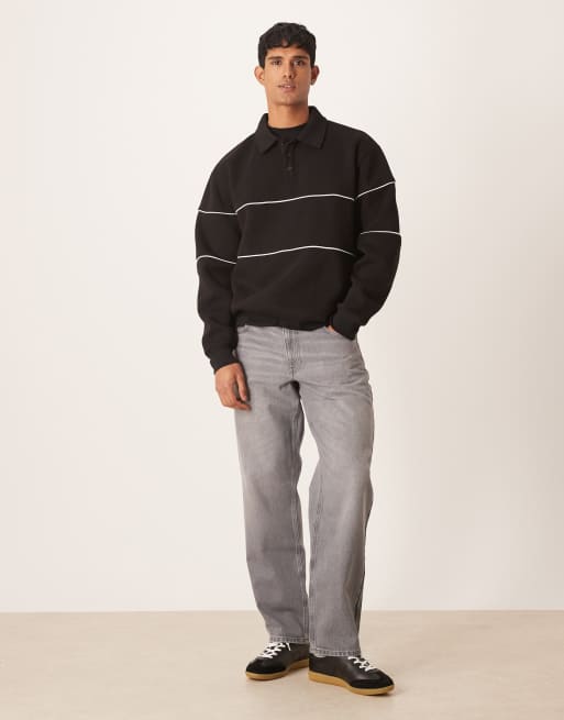 ASOS DESIGN - Ruimvallend sweatshirt met polokraag en biezen in zwart, 2 van 5