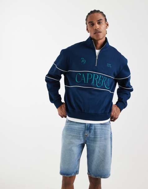 ASOS DESIGN - Ruimvallend sweatshirt met print, korte rits en biezen in marineblauw - view 1