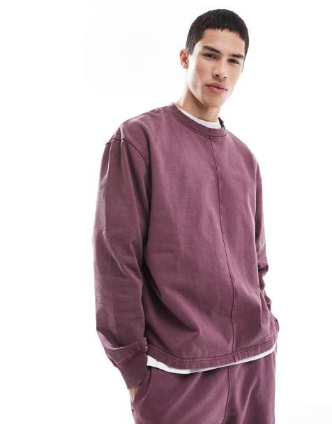 ASOS DESIGN - Ruimvallend sweatshirt met siernaad in bordeauxrood met wassing, deel van co-ord set - view 1