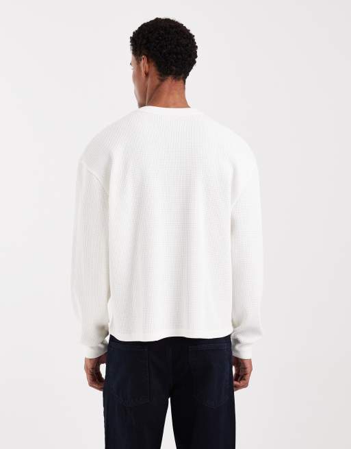 ASOS DESIGN - Ruimvallend sweatshirt met wafeltextuur en signs-print in gebroken wit, 3 van 5