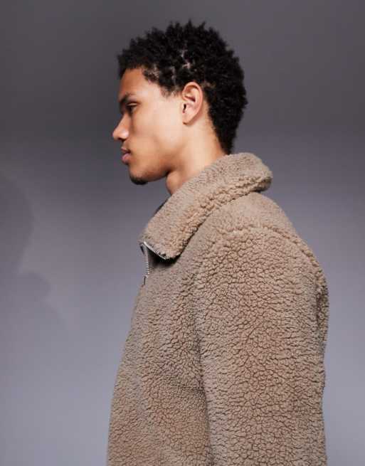 ASOS DESIGN - Ruimvallend sweatshirt van borg met opstaande boord en rits in beige, 4 van 5
