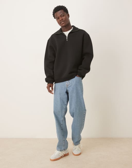 ASOS DESIGN - Ruimvallend sweatshirt van zware scuba-achtige stof met kwart rits en opstaande boord in zwart, 2 van 5