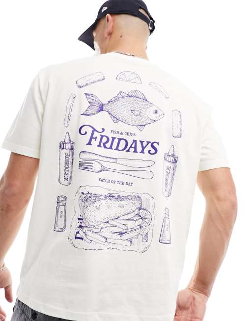 ASOS DESIGN - Ruimvallend T-shirt in gebroken wit met fish & chips-print op de achterkant