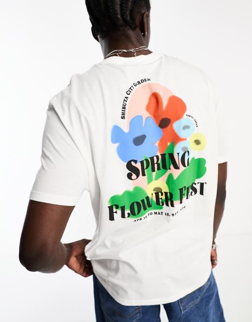 ASOS DESIGN - Ruimvallend T-shirt in wit met bloemenprint op de achterkant