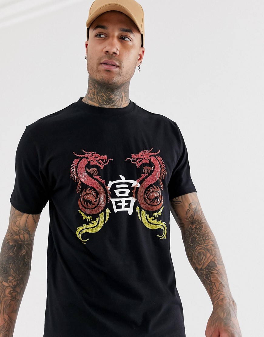 ASOS DESIGN - Ruimvallend T-shirt met drakenmotief van lovertjes en print-Zwart