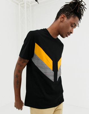 ASOS DESIGN - Ruimvallend t-shirt met geweven ruitjes gesneden en doorgestikte panelen-Zwart