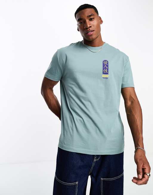ASOS DESIGN - Ruimvallend T-shirt met kleine tekstprint op de borst in groenblauw