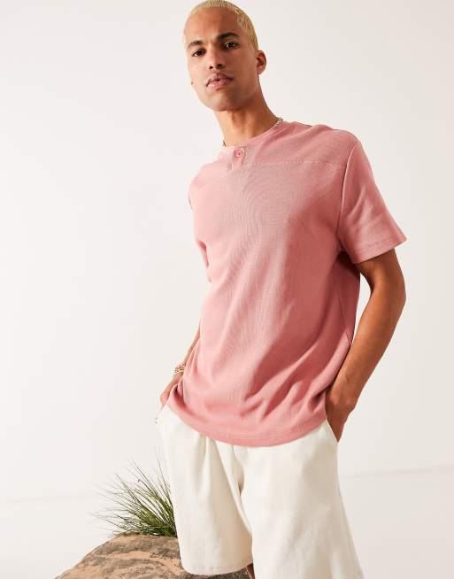 ASOS DESIGN - Ruimvallend T-shirt met korte mouwen en wafelstructuur zonder kraag in roze